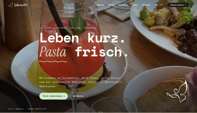 Startseite von Colombella mit Aperitivo, Pasta und der Headline Leben kurz, Pasta frisch